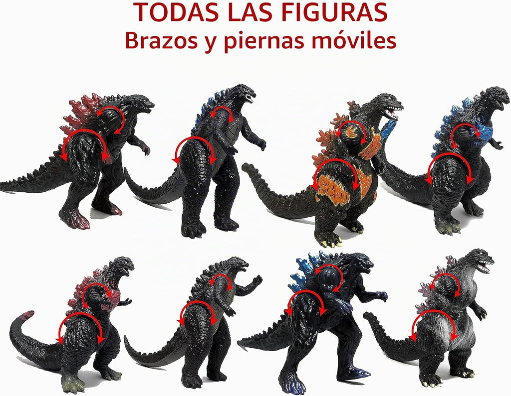 Godzilla Toys - Juego de 8 figuras de acción articuladas para cumpleaños infantiles 2019, Rey de los Monstruos Ardiente Heisei Mecha Ghidorah, paquete de plástico mini dinosaurio Playsets para tortas