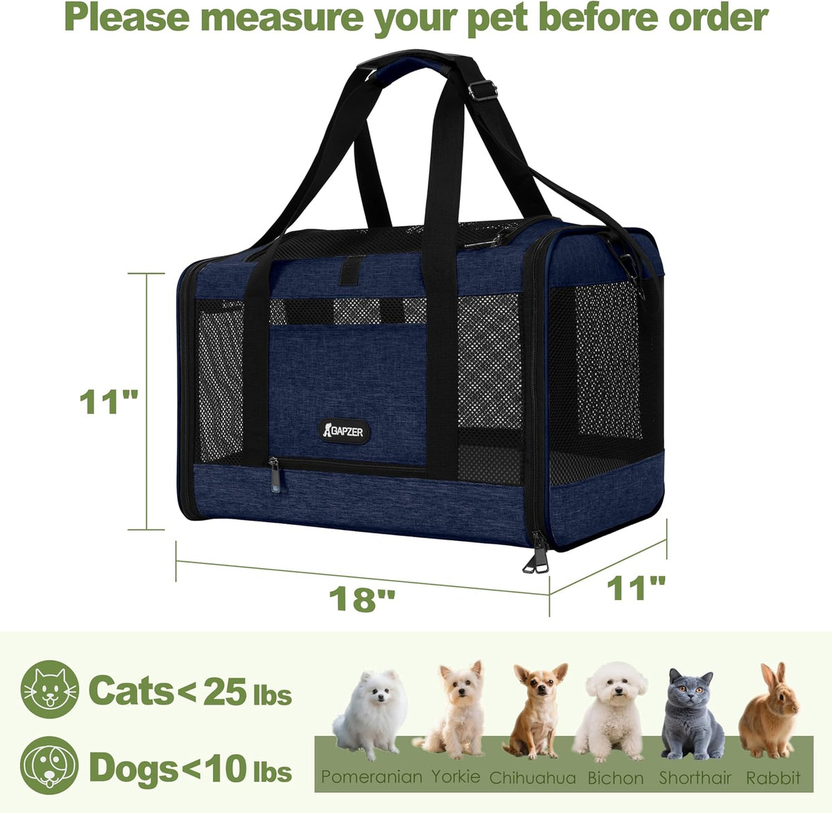 Transportador para gatos de 18 x 11 x 11 pulgadas, aprobado por aerolíneas unidas, perrera suave para mascotas