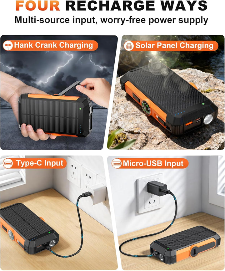 Banco de energía solar con manivela y cables retráctiles, cargador...