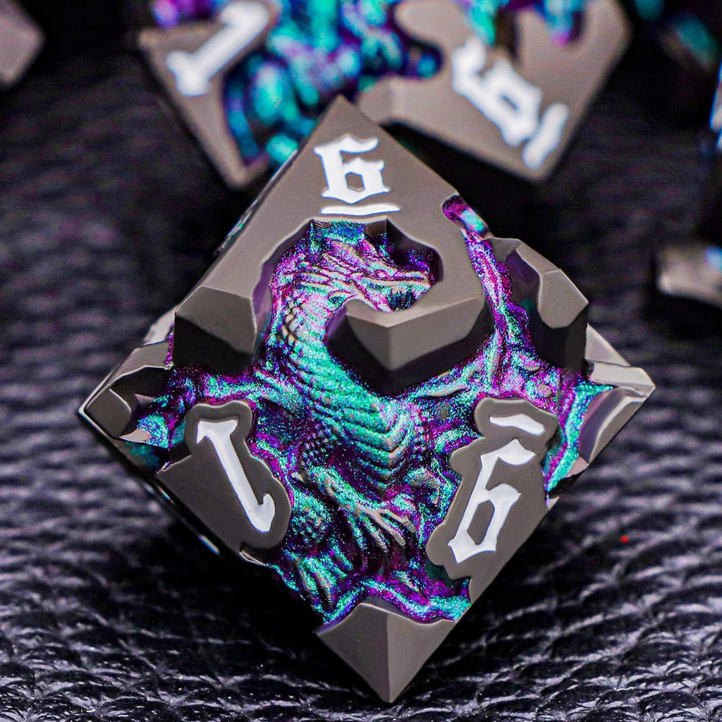 Juego de dados DND de dragones 3D con caja de regalo, dados D y D de metal para uso con juegos de rol D&D, juego de dados poliédricos de mazmorras D20 D12 D10 D8 D6 D4 (morado verde)