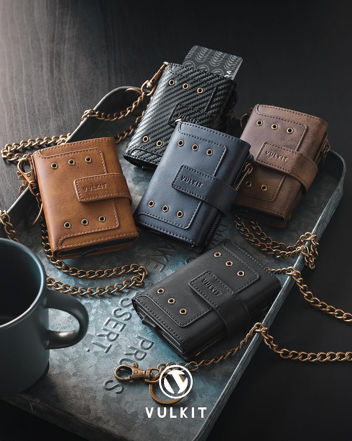 VULKIT - Cartera para hombre con protección RFID con cadena, color marrón