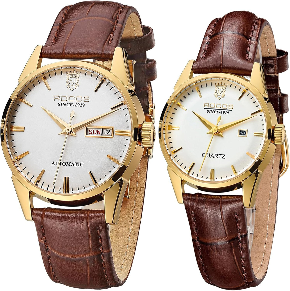 ROCOSJEWE R0101QL Juego de relojes para parejas - Caja clásica dorada con esfera blanca y correa de cuero marrón - Relojes automáticos de lujo de cuarzo para hombre y mujer - Regalo