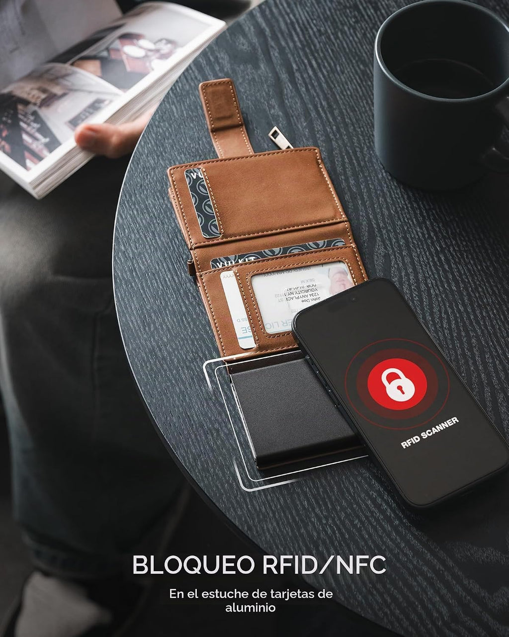 VULKIT - Cartera para hombre con protección RFID con cadena, color marrón