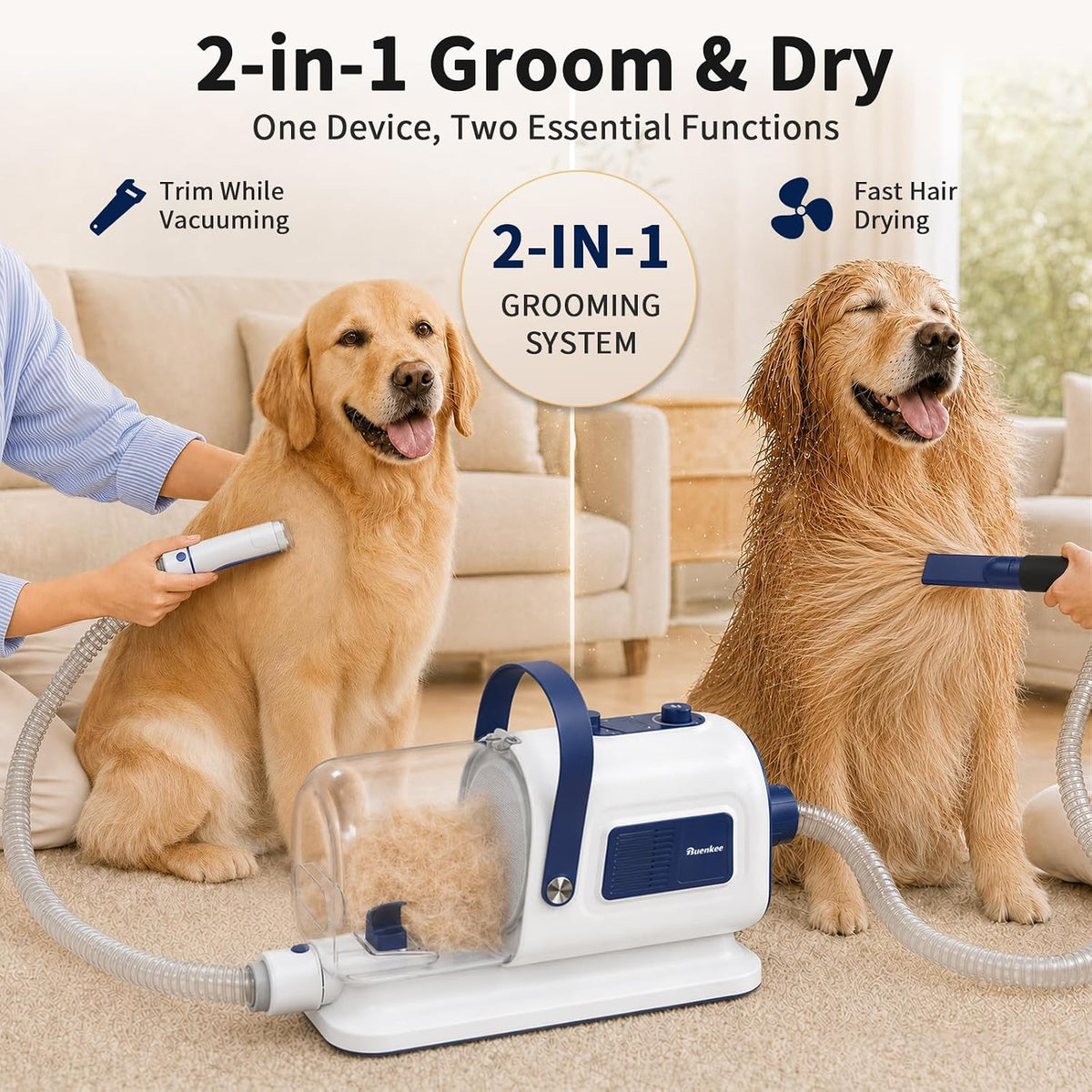 Buenkee Kit de Grooming para Perros: Aspiradora & Secador de Pelo 2 en 1, Cortapelos, Succión de 15000 Pa