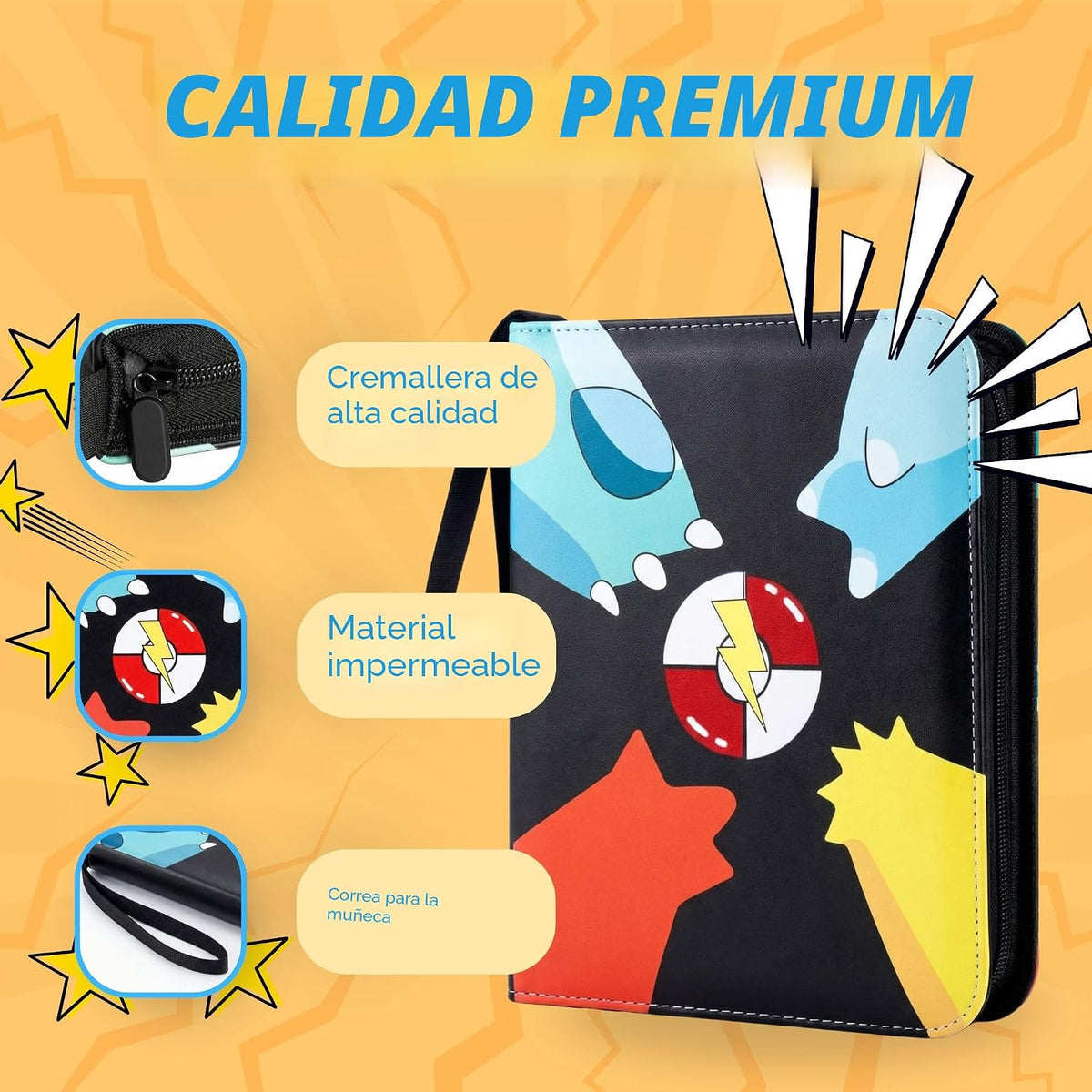 KS SHOP® Carpeta de tarjetas de 1080 bolsillos, álbum de tarjetas coleccionables de 9 bolsillos premium con 60 hojas de doble cara, libro de colección de 3 anillos con cremallera, tarjetero impermeable con correa para la muñeca