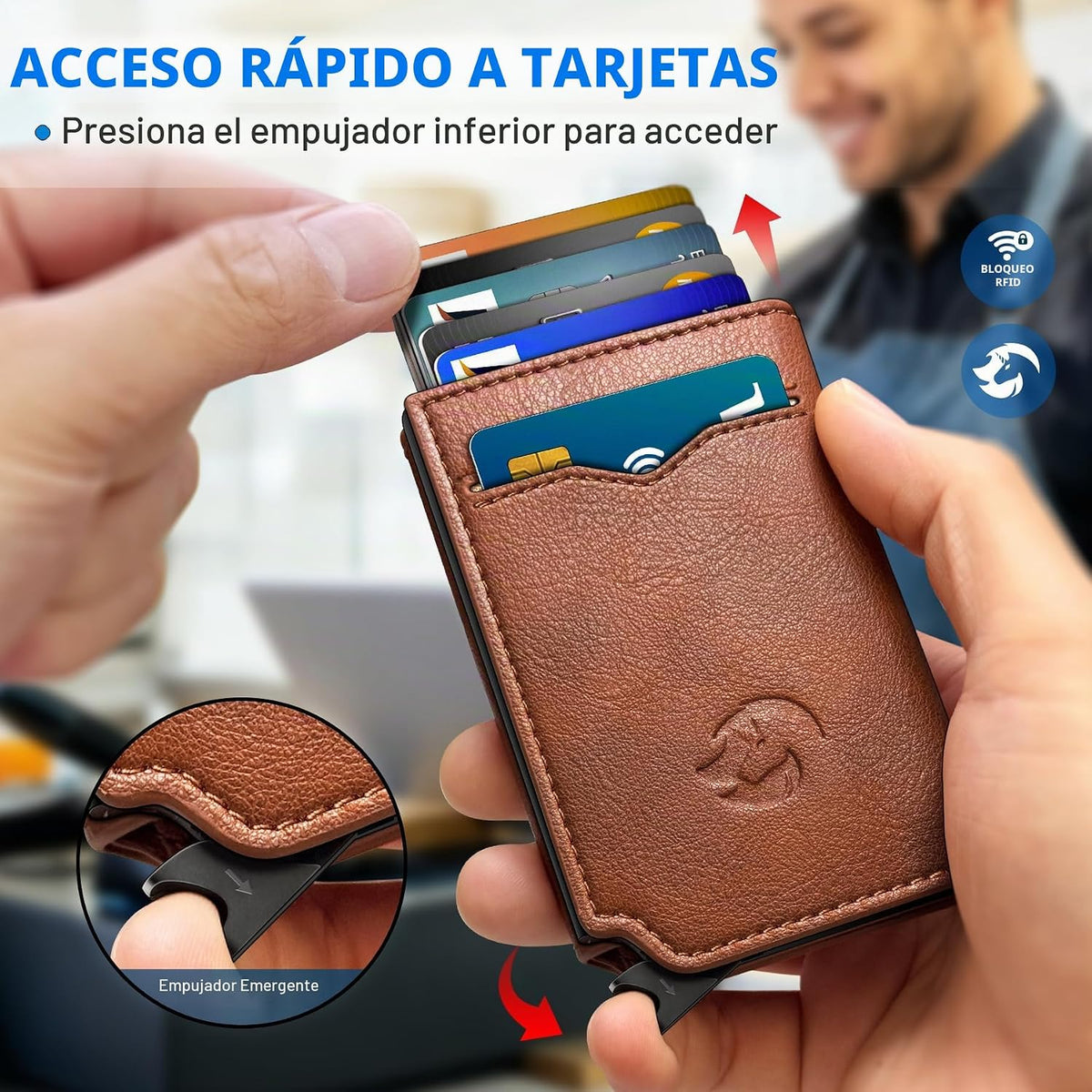 Cartera para hombre, tarjetero desplegable delgado con bloqueo RFID, billetera triple minimalista con 10 ranuras para tarjetas, bolsillo para efectivo y 2 ventanas para identificación, funda
