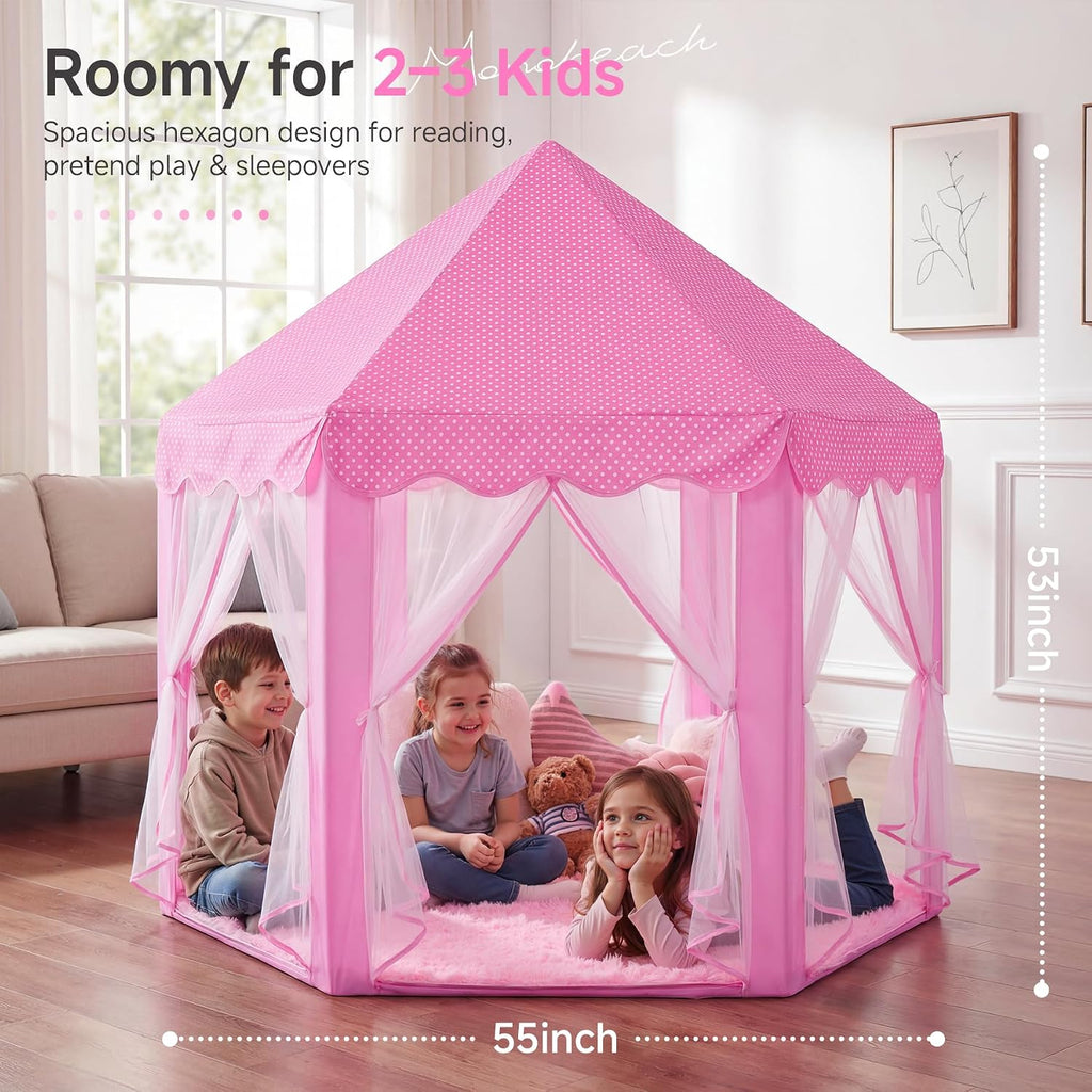 Tienda de campaña de princesa para niñas, casa de juegos grande para niños, castillo con luces de estrella, juguete para interiores y exteriores, 55 x 53 pulgadas (profundidad x alto) (princesa rosa con tapete de juego)