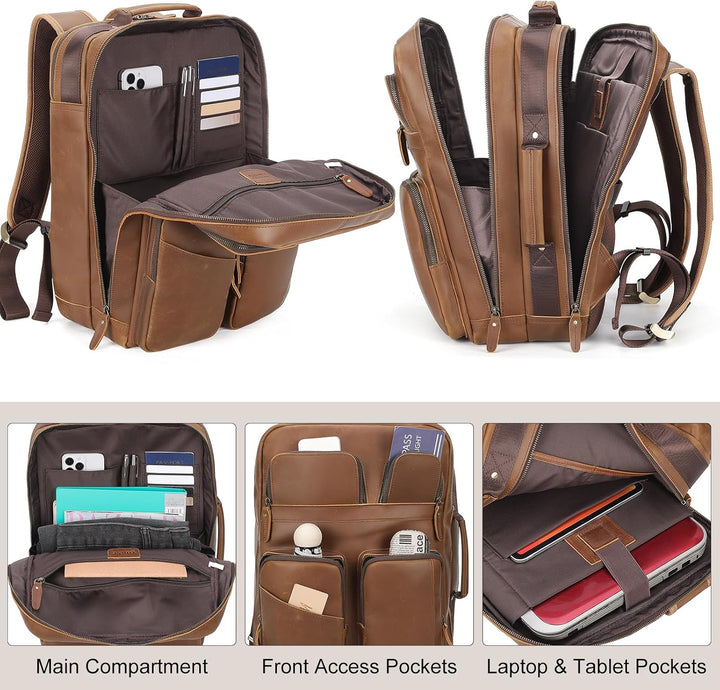 TIDING Mochila para portátil de cuero de grano completo de 17.3 pul...