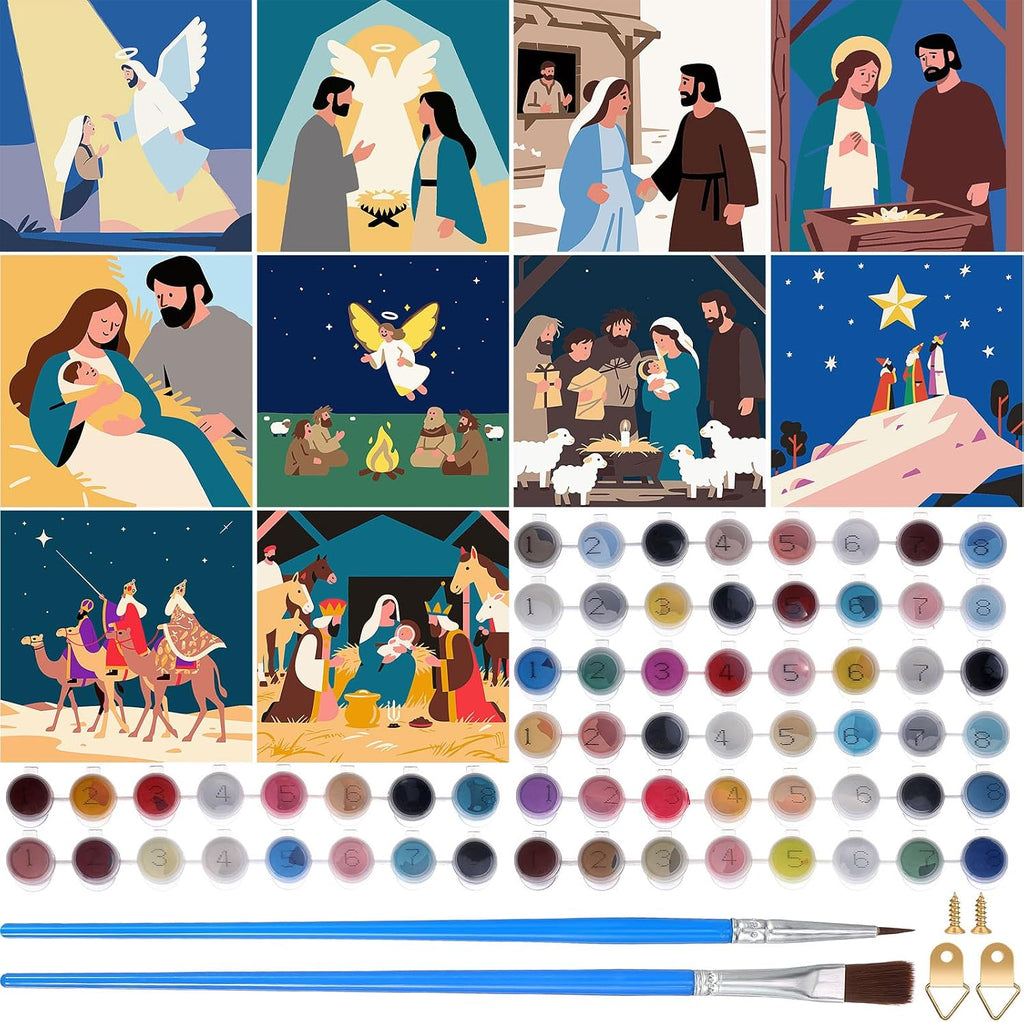 Kosiz Paquete de 10 Escenas de Natividad Navideñas para Pintar por Números para Niños y Adultos de 8x8 Pulgadas, Kits de Pintura al Óleo de Navidad, Artes de Lienzo de Acuarela Fácil para