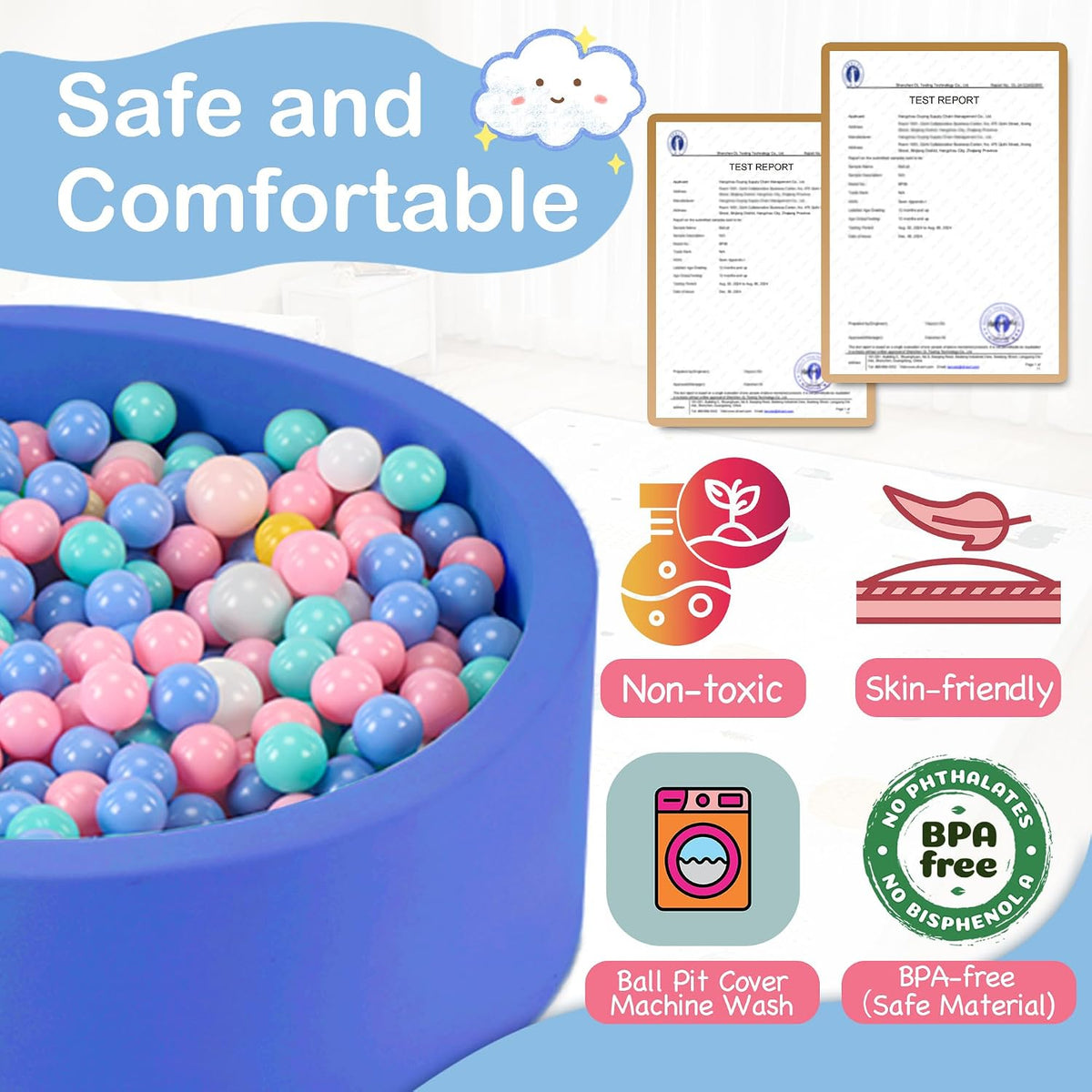 Piscina de bolas de espuma de 35.4 x 11.8 pulgadas para niños pequeños, pelotas redondas para bebés de 1 a 3 años, pelotas de juego para niños y niñas, pelotas no incluidas, azul