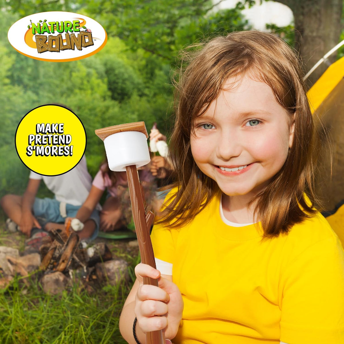 Nature Bound Kids Camping Playset - Juego de camping para niños con fogata iluminada - Set de juguete para aventuras en interiores y exteriores - Finge hacer s'mores, linterna y accesorios de camping (Caja de regalo)