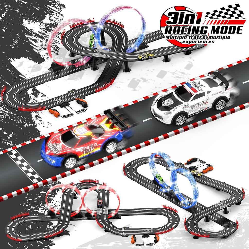 Juego de pista de carreras de ranura 3 en 1 con 4 coches de ranura de alta velocidad, pista de carreras eléctrica que incluye pistas de destello de paso elevado circular, juguetes de regalo de juego