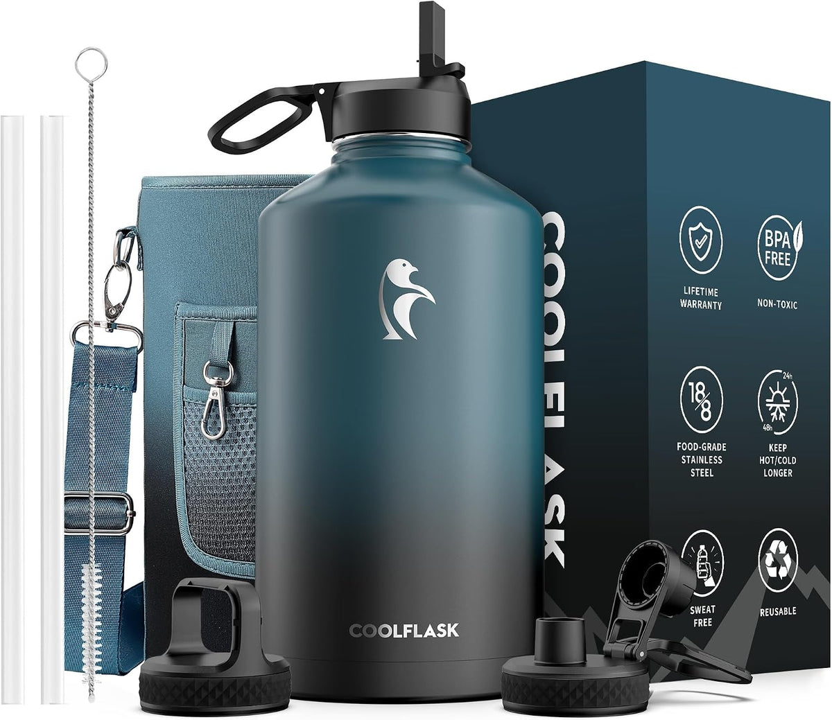 Coolflask Botella de agua de 128 onzas aislada con popote y 3 tapas a