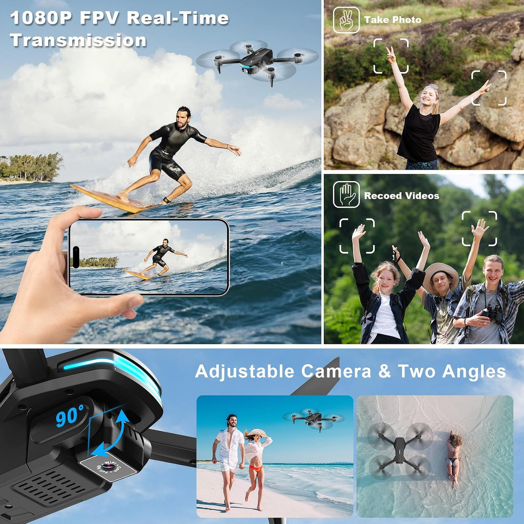 Drones 1080P con cámara para adultos, Drone plegable con 2 baterías