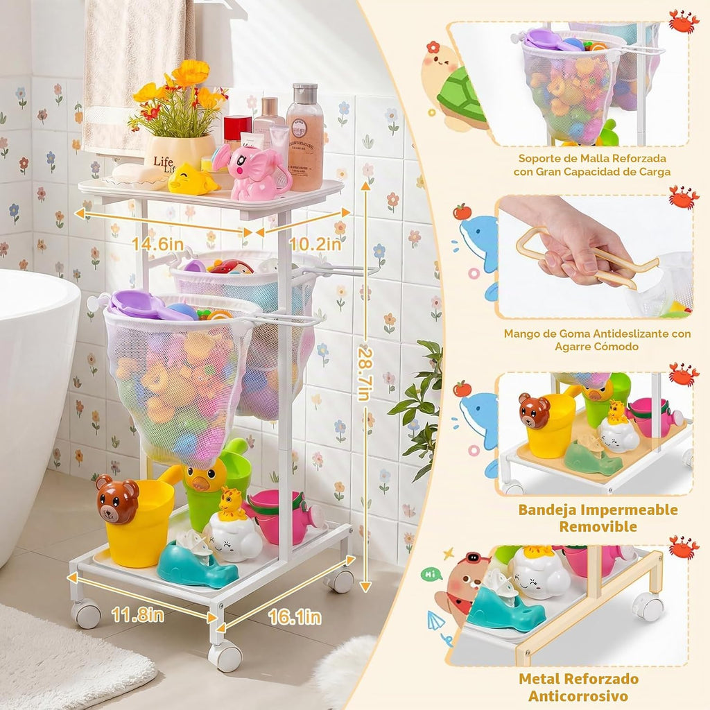 Soporte de almacenamiento de juguetes de baño, organizador de juguetes de bañera de secado rápido con 2 redes de malla colgantes y organizador de ducha, cubo grande de juguetes para bañera de fácil