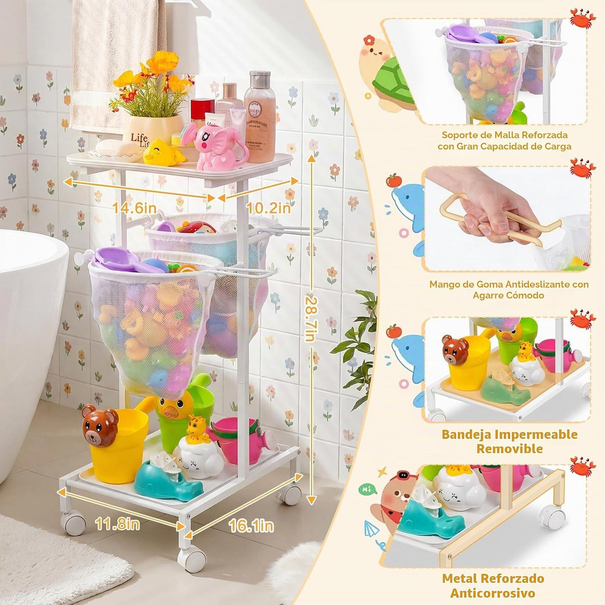 Soporte de almacenamiento de juguetes de baño, organizador de juguetes de bañera de secado rápido con 2 redes de malla colgantes y organizador de ducha, cubo grande de juguetes para bañera de fácil