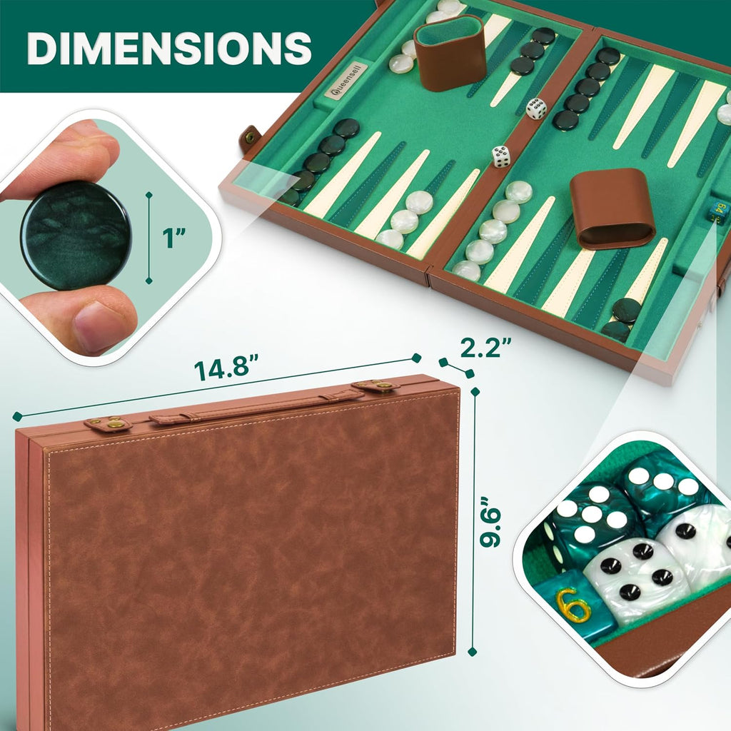 Backgammon - Juego de mesa para adultos de 15 pulgadas, juego de mesa de backgammon de piel sintética de alta calidad con 32 fichas, tazas de dados y cubo doble, juego de backgammon de viaje portátil