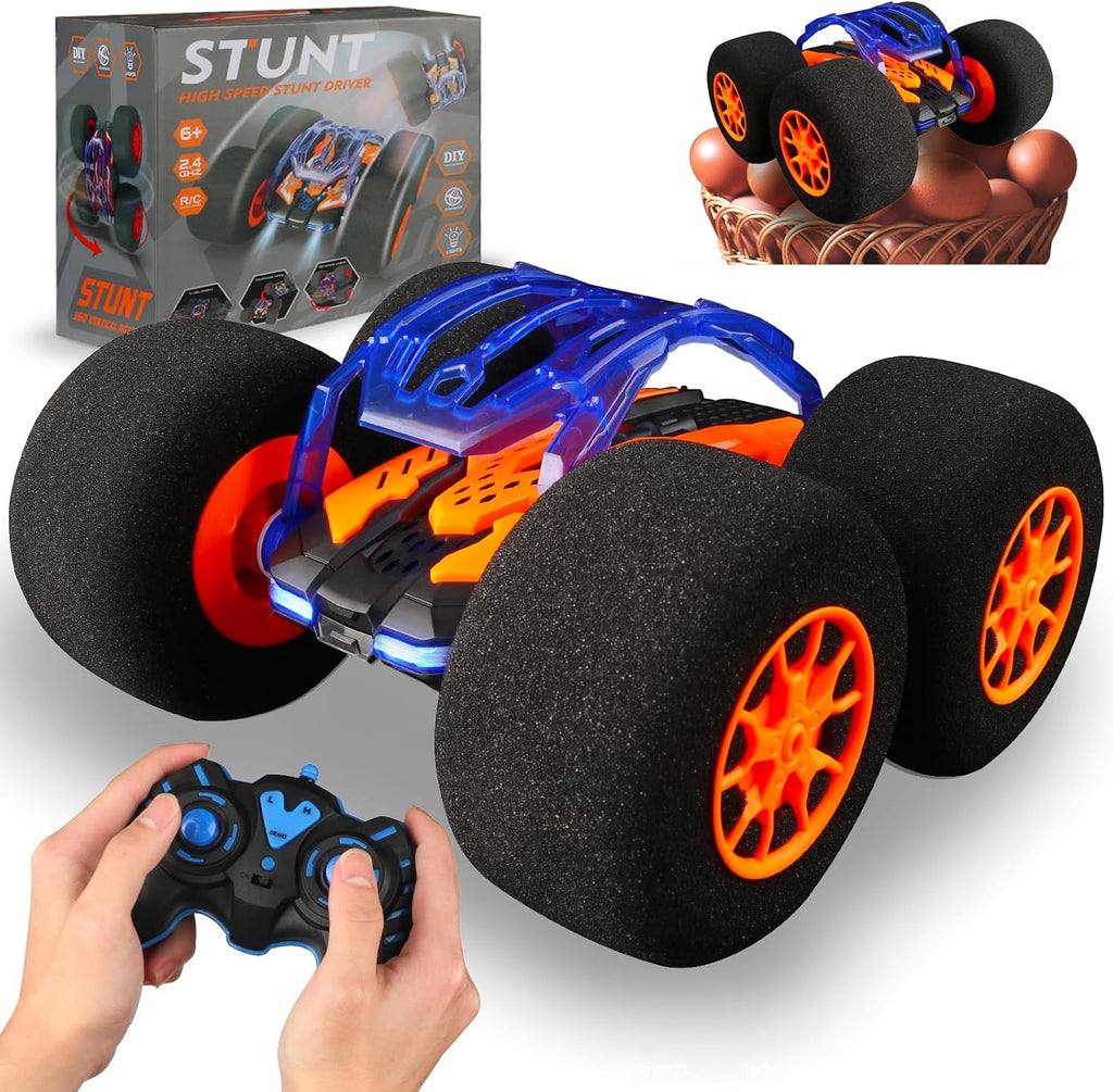 Coches de acrobacias RC de interior con control remoto y juguetes con ruedas suaves, coches RC para niños, interior y exterior, con faro LED y acrobacias locas, volteos de 360°, vehículo de doble cara