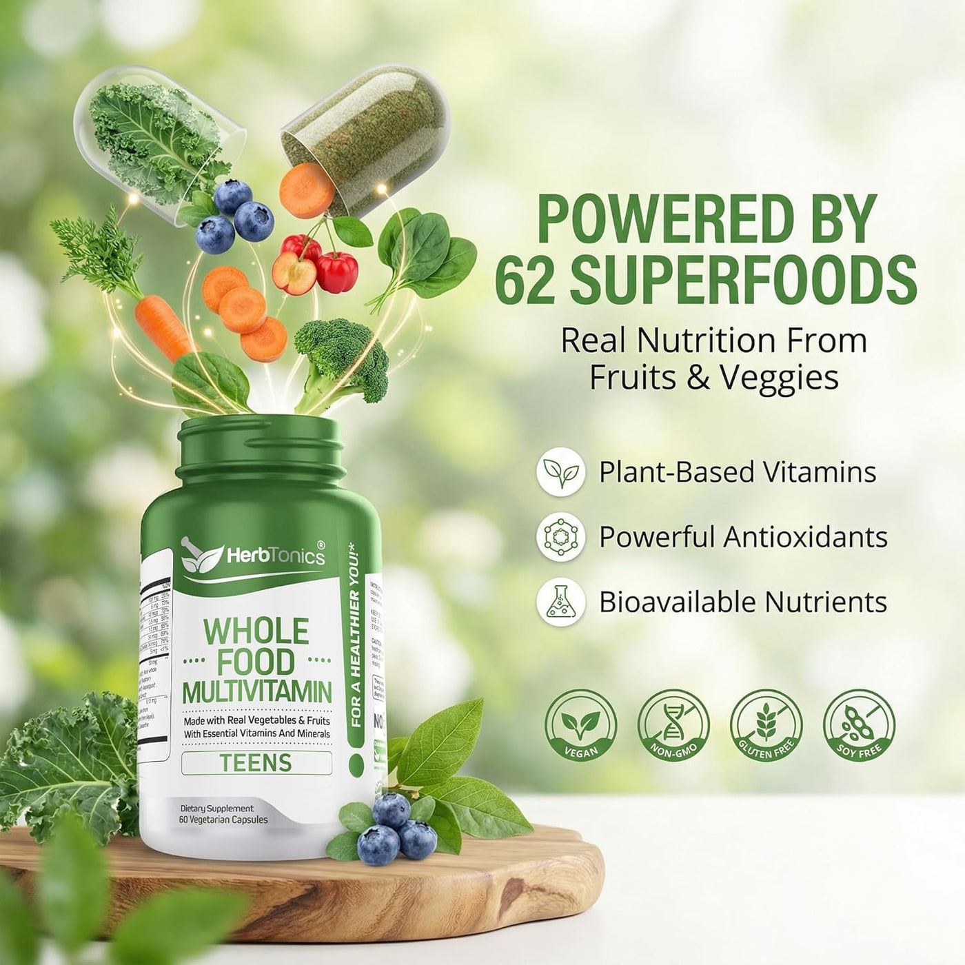 Herbtonics Whole Food Vitaminas adolescentes para energía, concentr...