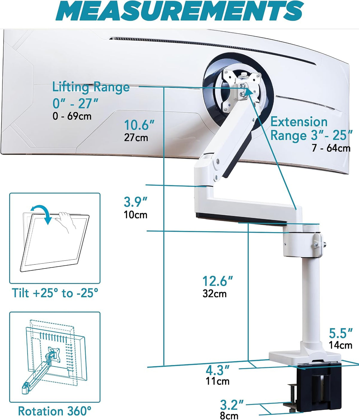 Brazo de monitor dual resistente para monitores ultraanchos de hasta 57 pulgadas y 44 libras, soporte de monitor doble para monitor doble de 49 pulgadas vertical apilado en altura ajustable - Montaje VESA de 100 x 100, blanco, MA20PW-D
