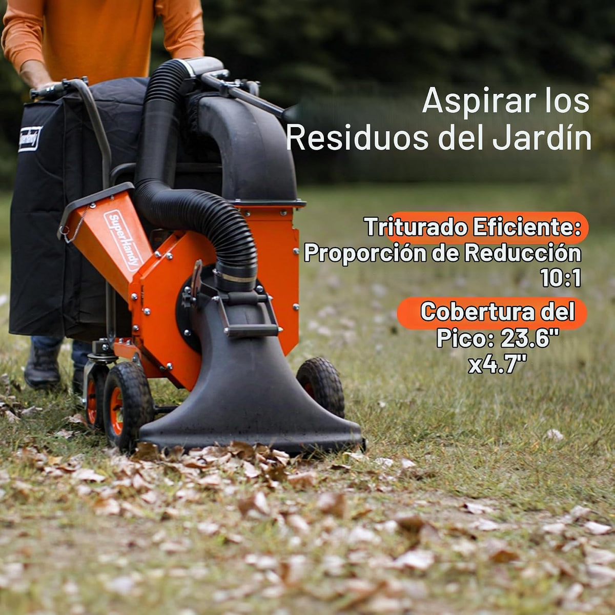 SuperHandy Aspiradora de hojas y astilladora de madera 7HP 209cc motor de gas, relación de mantillo 10:1, bolsa de recolección de 6 bujes, impulsor de 13.4 pulgadas, triturador de vacío con ruedas