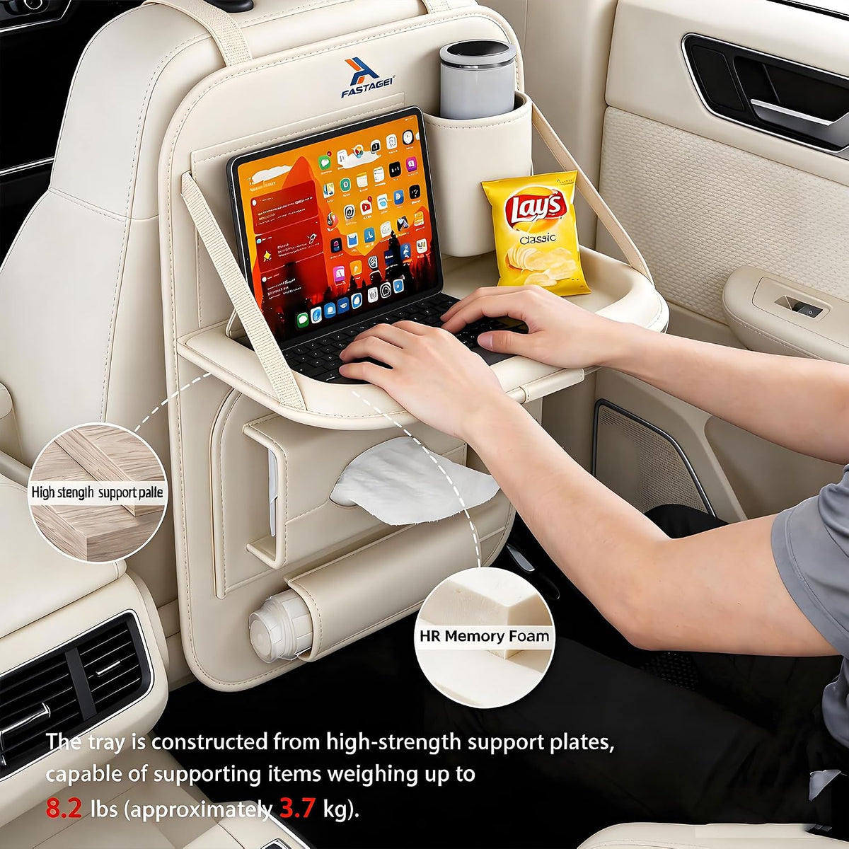 Organizador Universal de Cuero Premium Plegable para Asiento Trasero de Automóvil con Bandeja de Mesa, Protector de Respaldo de Asiento de Automóvil con Bolsa de Basura, Soporte para