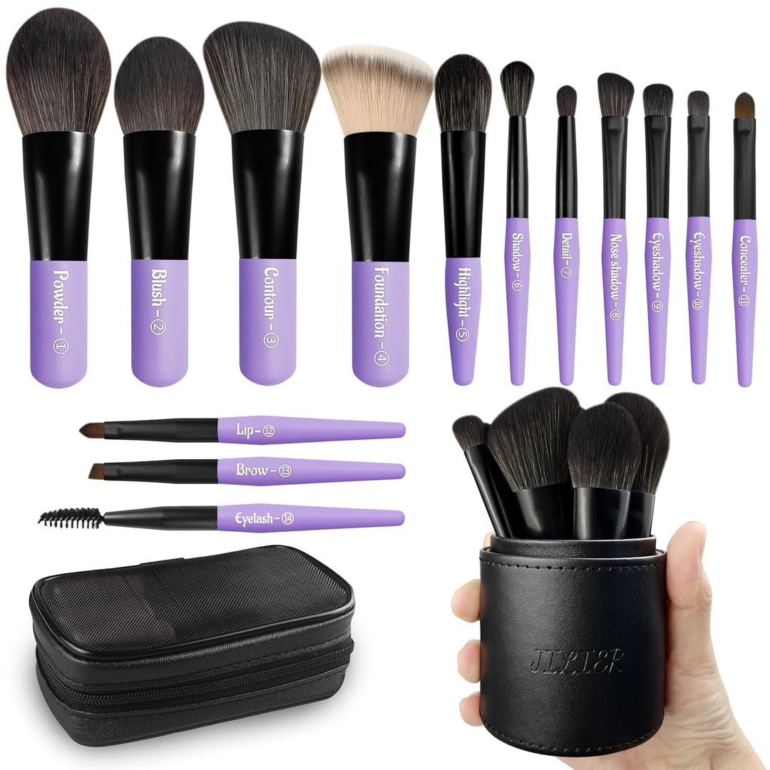 Jilier Juego de brochas de maquillaje de viaje, 14 piezas de mini b...