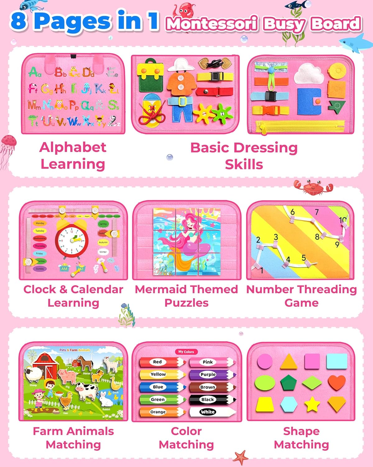 Tablero de actividades Montessori, para niñas de 1, 2, 3 o 4 años, ideal como regalo de cumpleaños, sensorial, juguete educativo de aprendizaje, actividades de viaje
