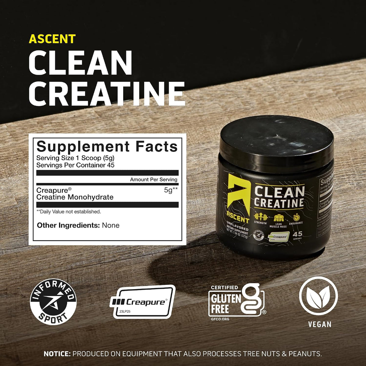 Ascent Creatina Monohidrato Limpia en Polvo - 5G Por Porción, Suple...