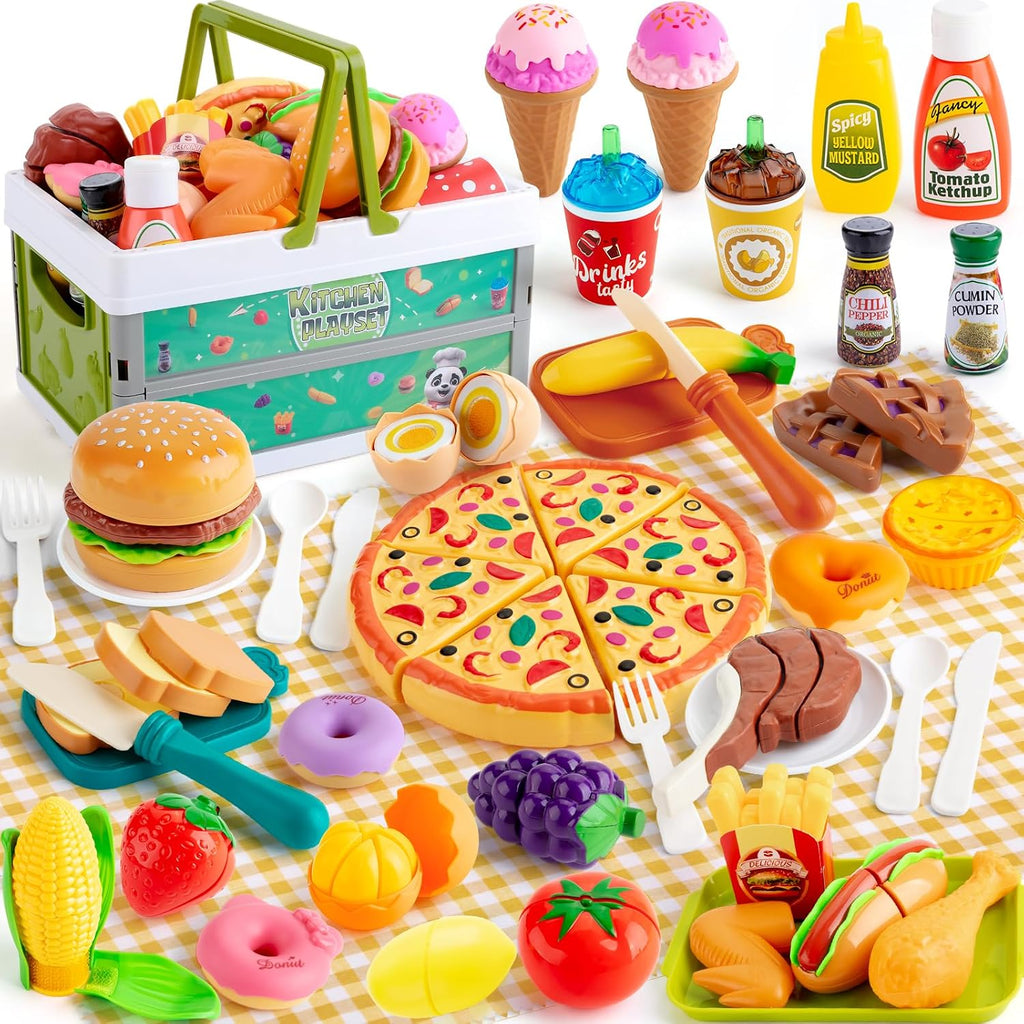 78 piezas de alimentos de juguete para cocina de niños, alimentos de juguete para cortar con canasta de almacenamiento, accesorios de cocina de juguete, juguetes de comida con verduras, frutas, comida