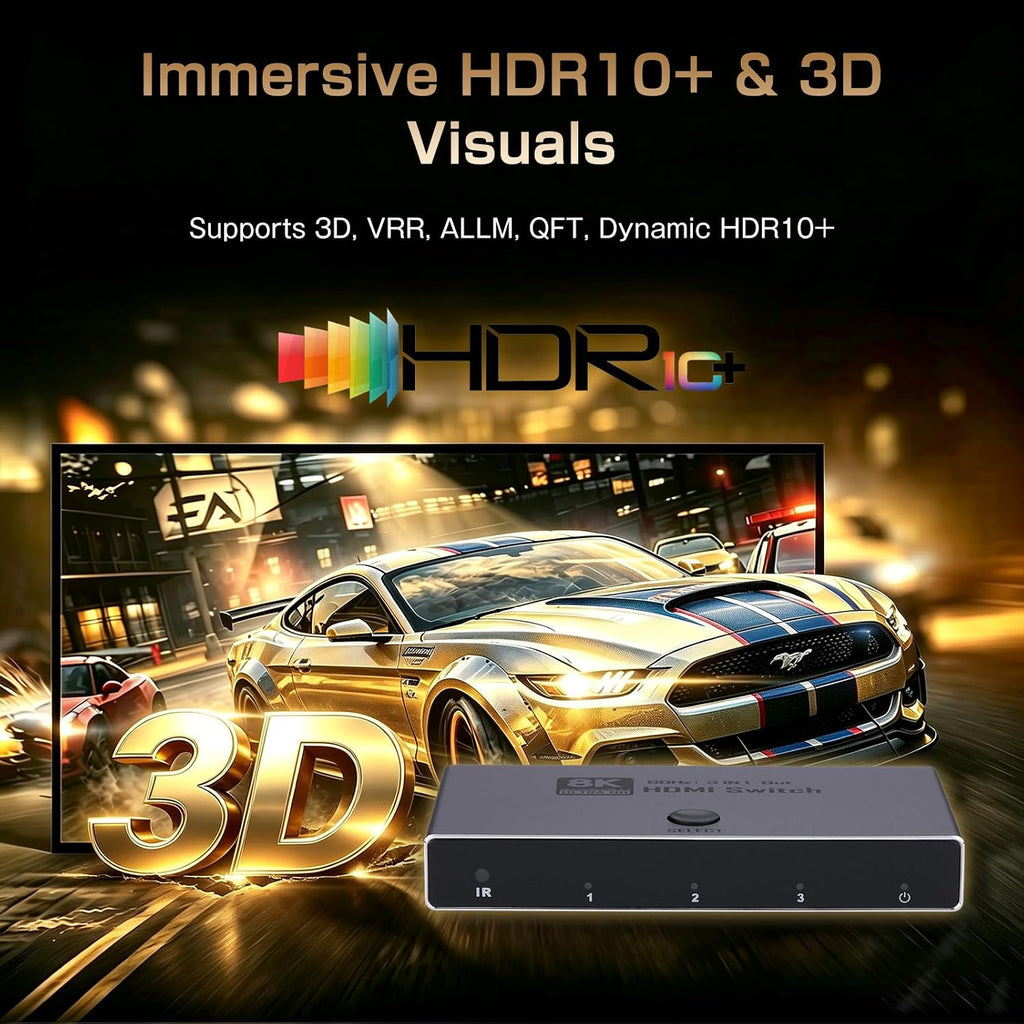 8K @60Hz HDMI 2.1 interruptor 3 en 1 salida con control remoto, 4K @240Hz, CEC