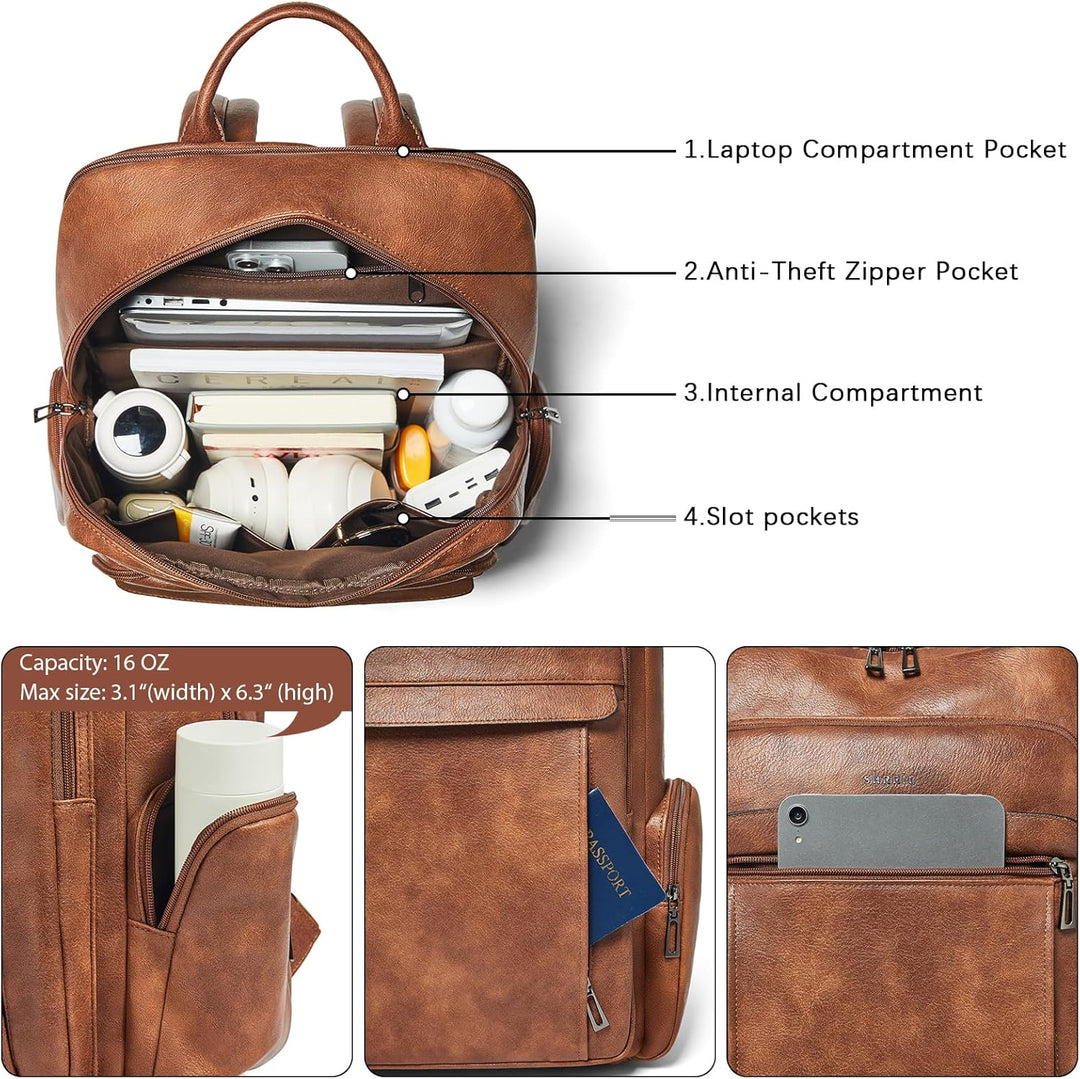 Shrrie Mochila de cuero para computadora portátil para mujer con 17...