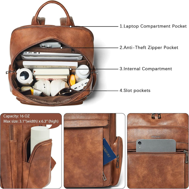 Shrrie Mochila de cuero para computadora portátil para mujer con 17...