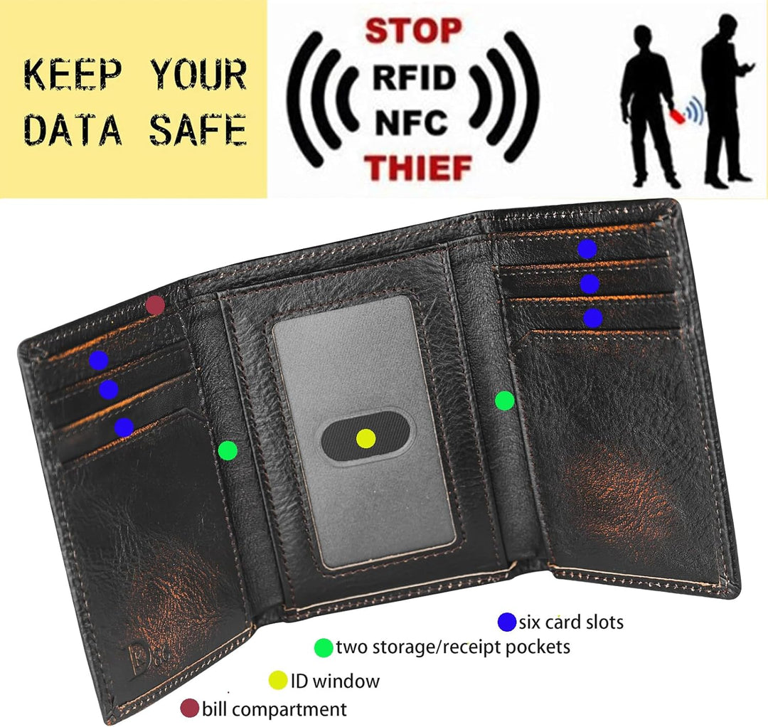 Carteras trifold DK86 para hombre de cuero genuino con bloqueo RFID...
