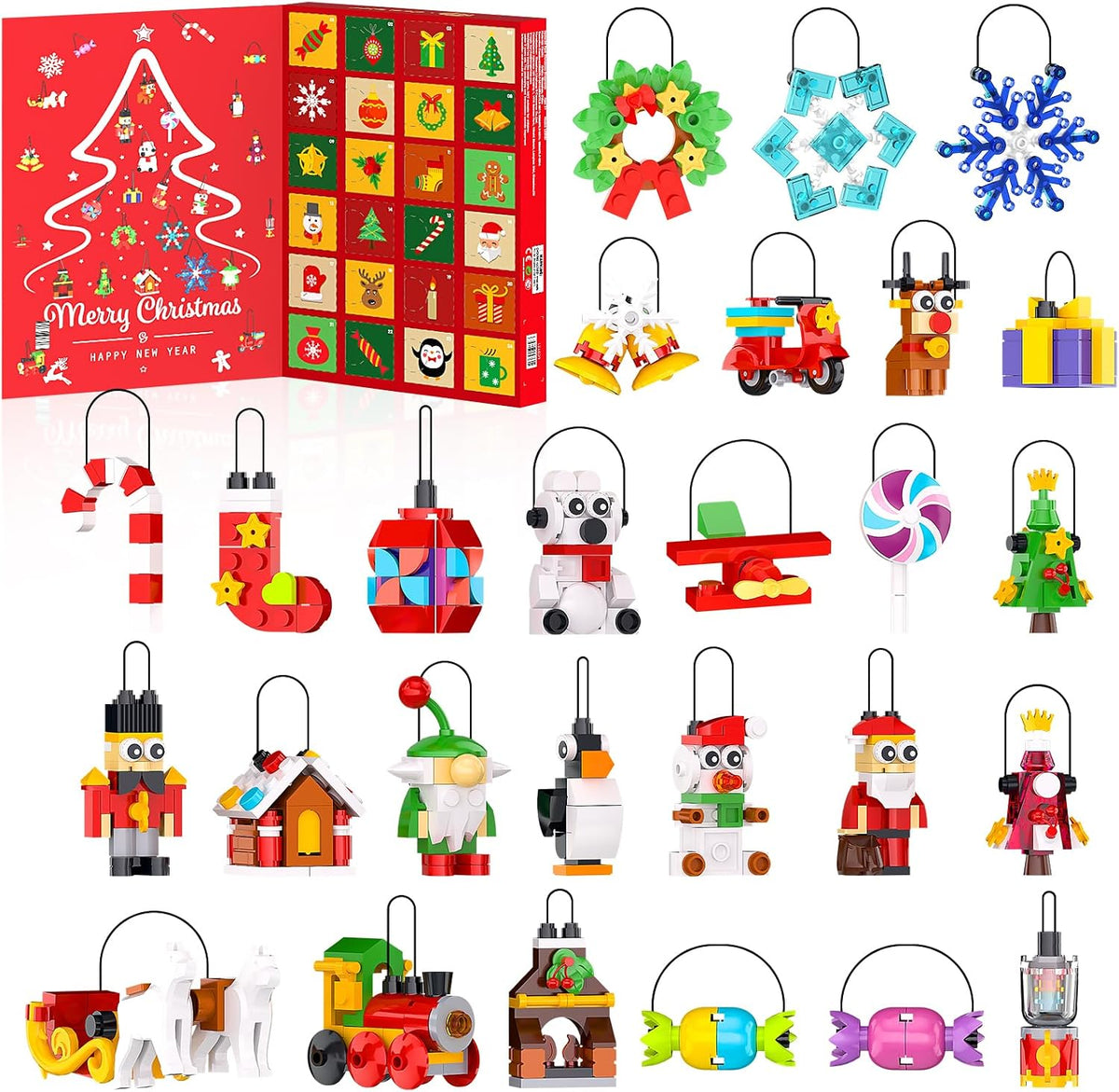 Calendario de Adviento de Navidad 2026, 24 paquetes de adornos de Navidad, kit de construcción de árbol de Navidad, Papá Noel, reno, pan de jengibre, pingüino, cascanueces/copos de nieve, regalos de Navidad para niños de 6 años en adelante