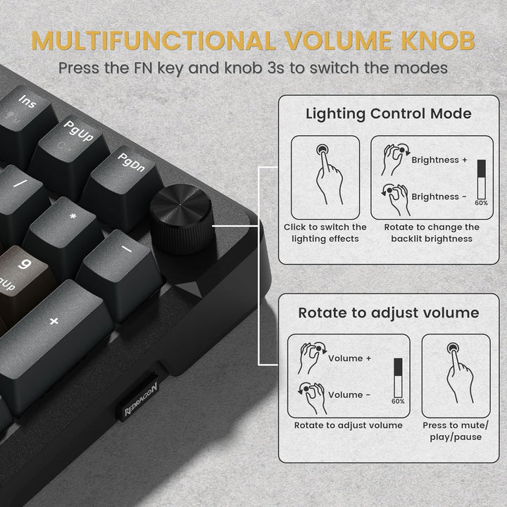 Redragon K742 Teclado mecánico inalámbrico para juegos con perilla,...