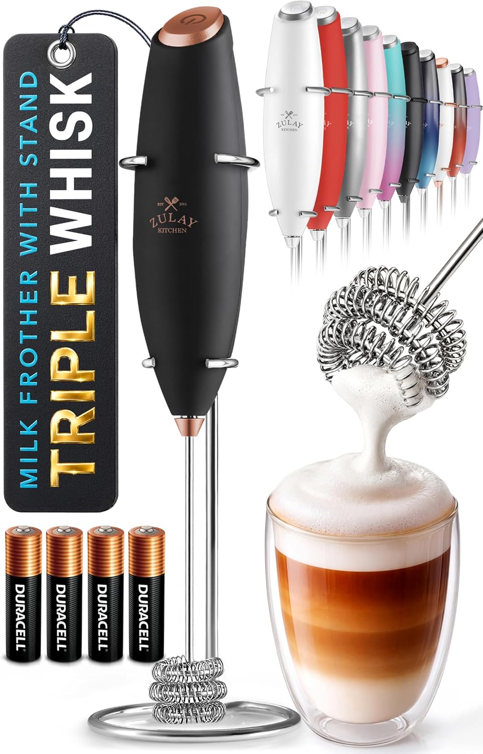 Zulay Kitchen Potente varita espumadora de leche con baterías Duracell - Mezclador de bebidas portátil ultrarrápido - Máquina de espuma eléctrica para café, lattes, capuchino y matcha, triple batidor