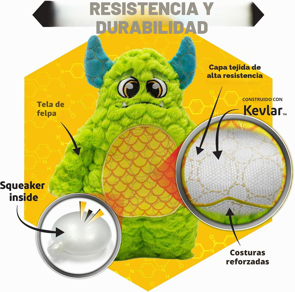 Juguete para perros Bite Force - Juguete de felpa grande, duradero y fuerte en color verde monstruo, reforzado con Kevlar para masticadores agresivos