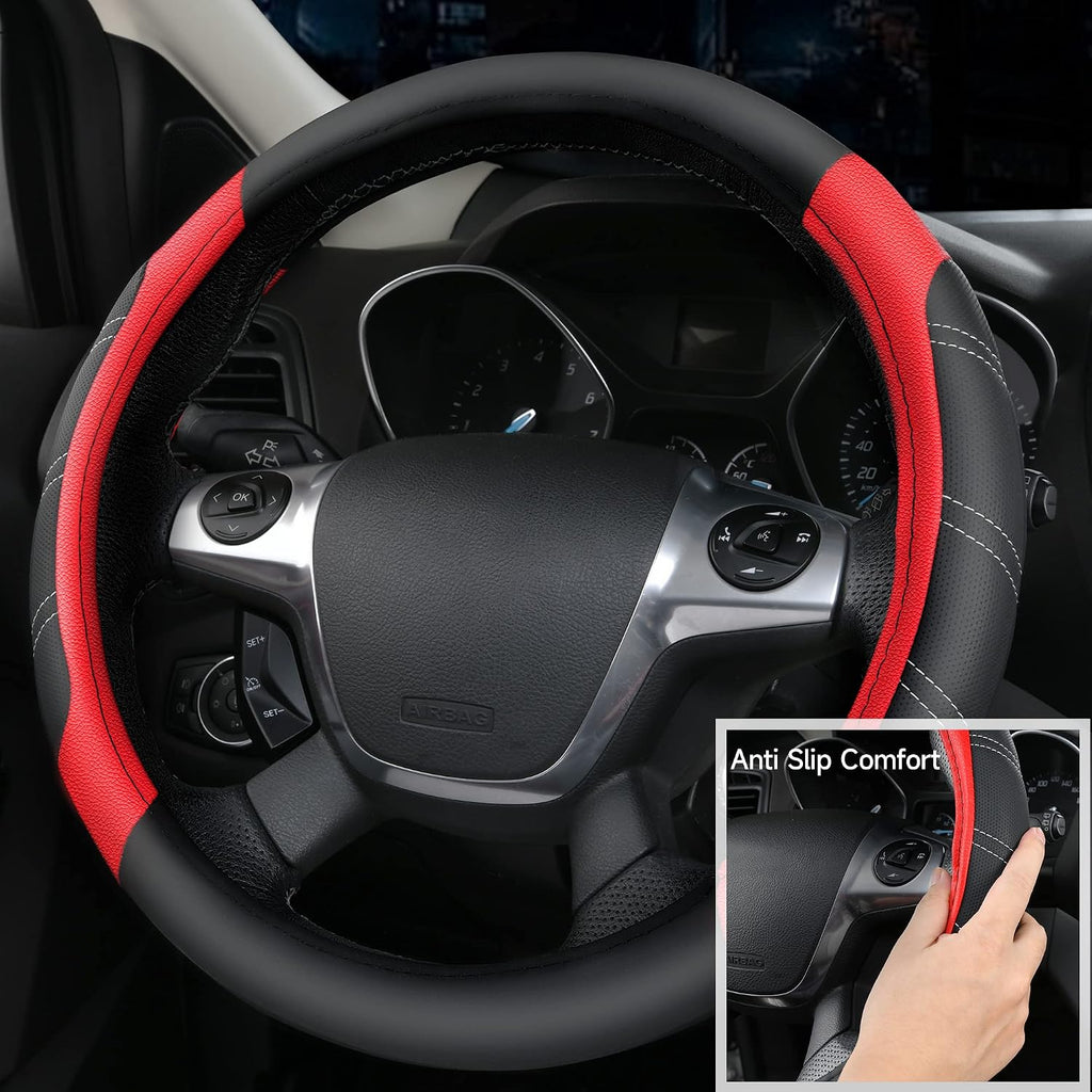 CAR PASS Funda para volante de cuero y alfombrillas de coche impermeables, combo universal de microfibra para coche, diseño deportivo antideslizante seguro y cómodo de 14.5-15 pulgadas para el 95 % de