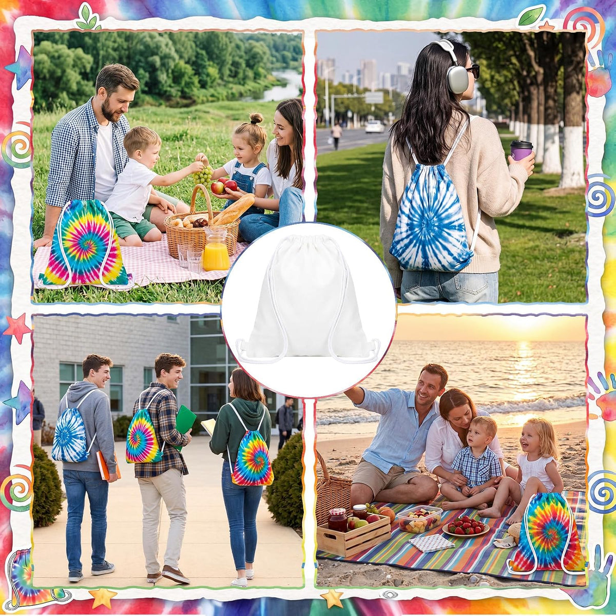 Acellegic 60 bolsas blancas con cordón de algodón teñido anudado con 60 pares de guantes, 60 bolsas sellables y 200 bandas de goma, kit de mochilas de lona en blanco con cordón para regalos de fiesta