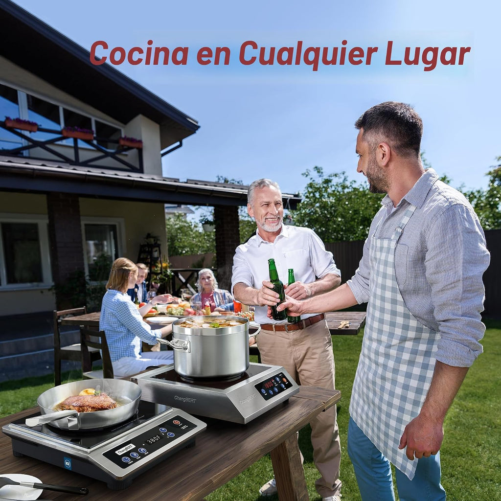 ChangBERT Placa de cocción de inducción portátil de 1800 W, certificación NSF, rango comercial, potente quemador de encimera Pro Chef profesional, carcasa de acero inoxidable premium, vidrio Schott, temporizador de 10 horas