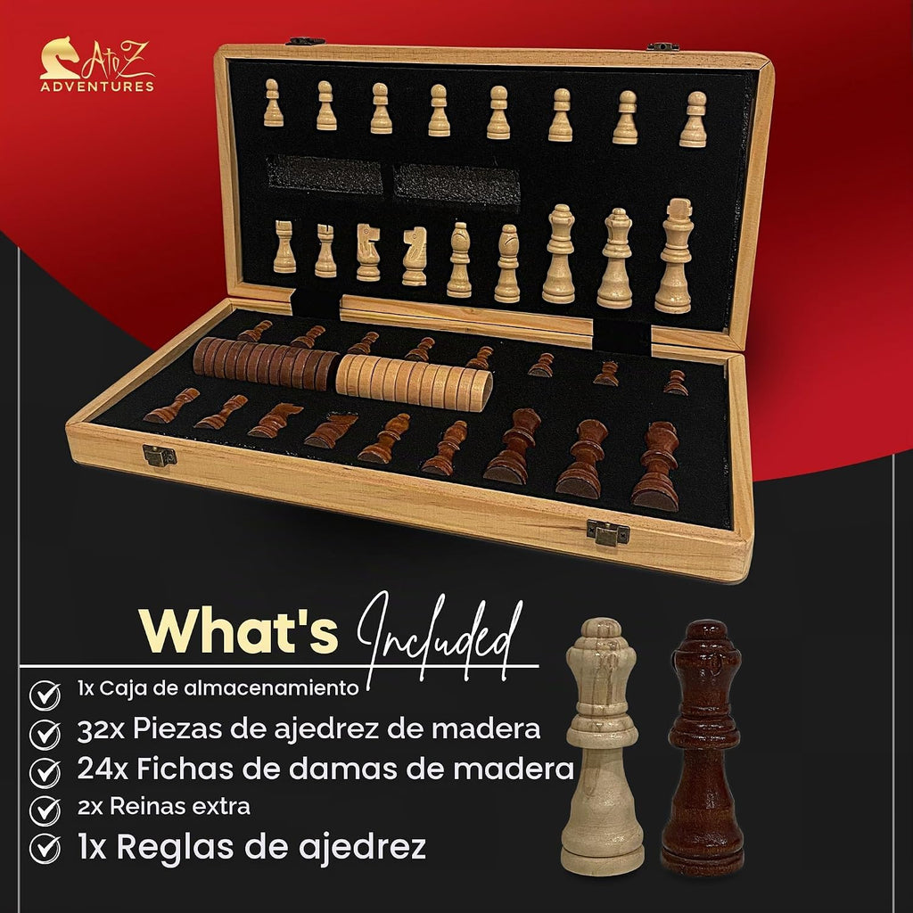 Juego de ajedrez magnético con damas, juegos de ajedrez de madera plegables de 15 pulgadas (2 en 1) para adultos y niños con 2 reinas adicionales, juego de mesa de ajedrez de viaje con ranuras de almacenamiento de piezas de ajedrez, regalo de lujo con