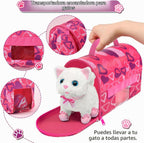 Juguetes de Gato para Niñas, Regalo para Niñas, Juguete de Peluche Interactivo Electrónico que Puede Caminar y Maullar - Juego de 16 Piezas para Transportar y Cuidar Mascotas, Juego de