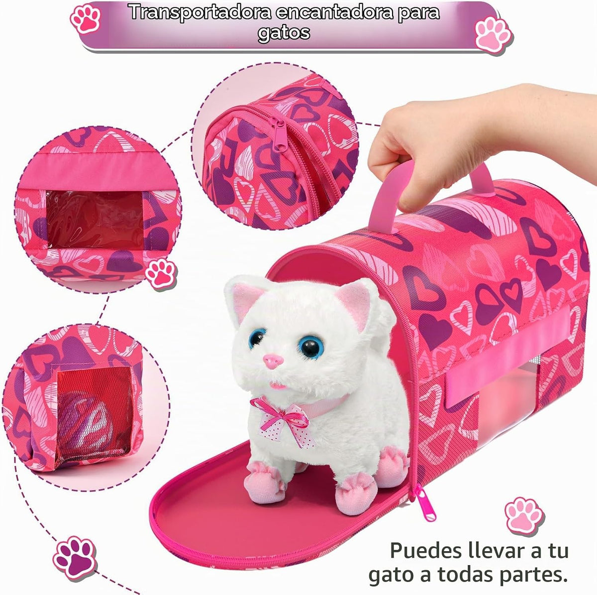 Juguetes de Gato para Niñas, Regalo para Niñas, Juguete de Peluche Interactivo Electrónico que Puede Caminar y Maullar - Juego de 16 Piezas para Transportar y Cuidar Mascotas, Juego de