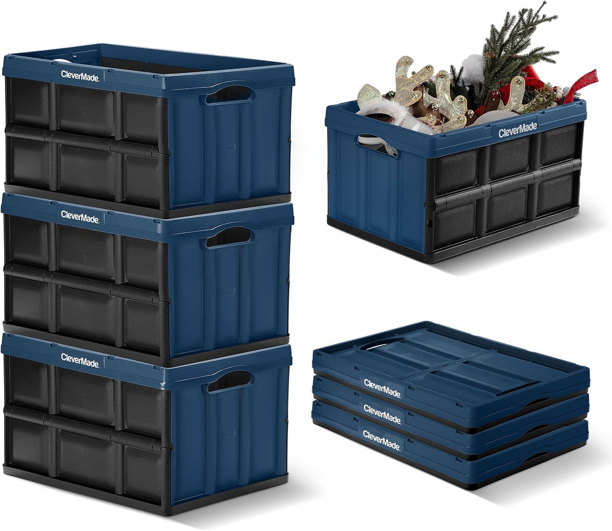 CleverMade - Contenedores de almacenamiento plegables, 46L, paquete de 3, 75 libras apilables, océano