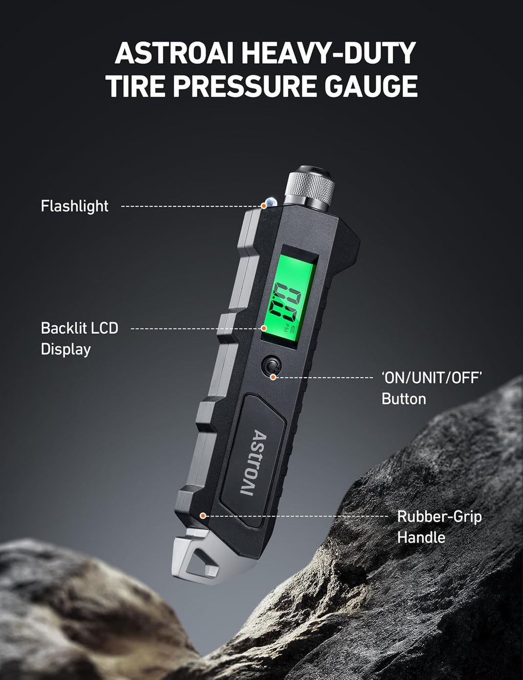 AstroAI Medidor digital de presión de neumáticos, 230 PSI, 4 ajustes, resistente para coche y bicicleta con linterna LCD retroiluminada más grande y antideslizante, negro (paquete de 2)