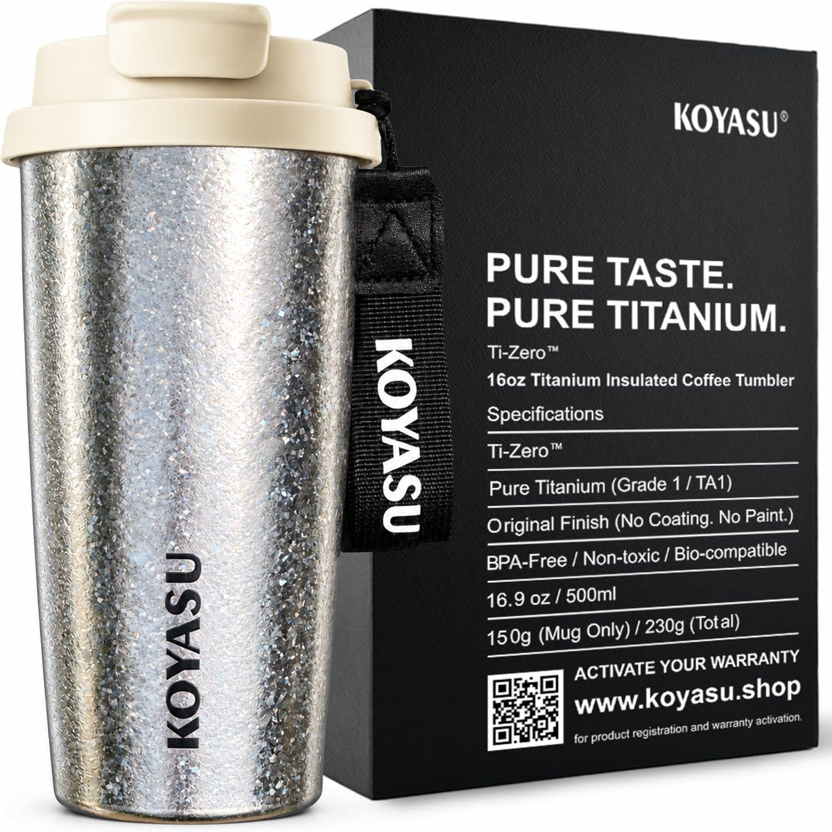 KOYASU Ti-Zero - Vaso de viaje de titanio puro de 16 onzas, taza de café aislada de doble pared con tapa, sin sabor metálico, sin BPA, cuerpo de taza de 5.29 oz, apto para lavavajillas, caliente 6 horas / frío 12 horas (cristal lunar)