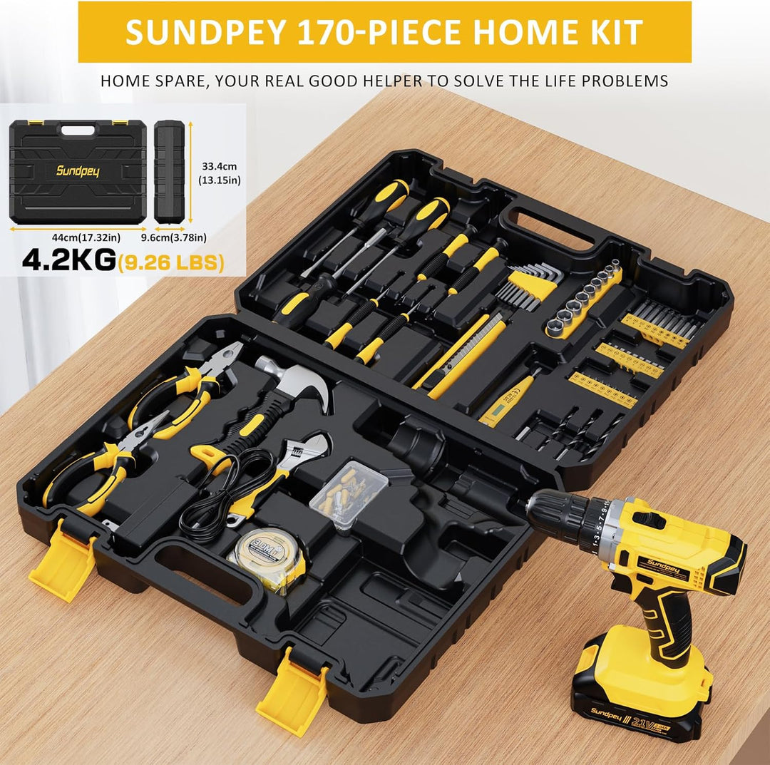 Sundpey Kit de herramientas con taladro de 21 V \u2013 170 piezas p...