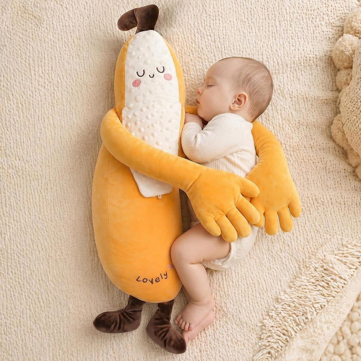 Banana Baby - Juguete de peluche calmante con suave vibración de 3 velocidades, brazos largos para abrazar, inserto cálido extraíble, lindo muñeco de peluche para niñas y niños