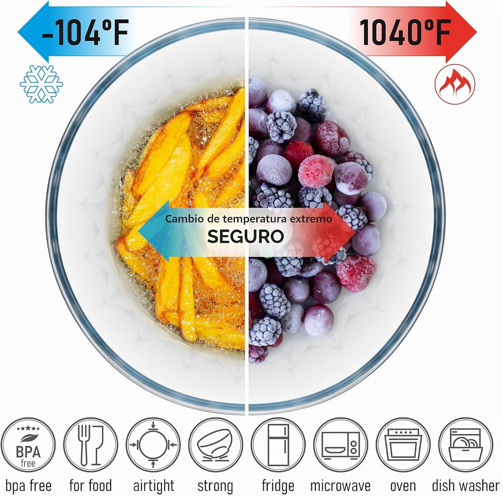 Juego de 5 cuencos de vidrio apilables grandes con tapas de